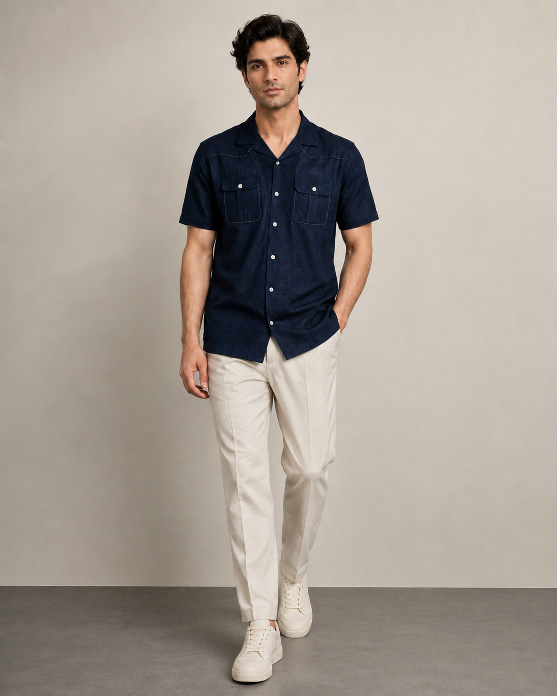 Men’s Navy Textured Cotton PJ Cord Set | Premium Utility Shirt & Pyjama Co-ord | Luxury Loungewear & Resort Set