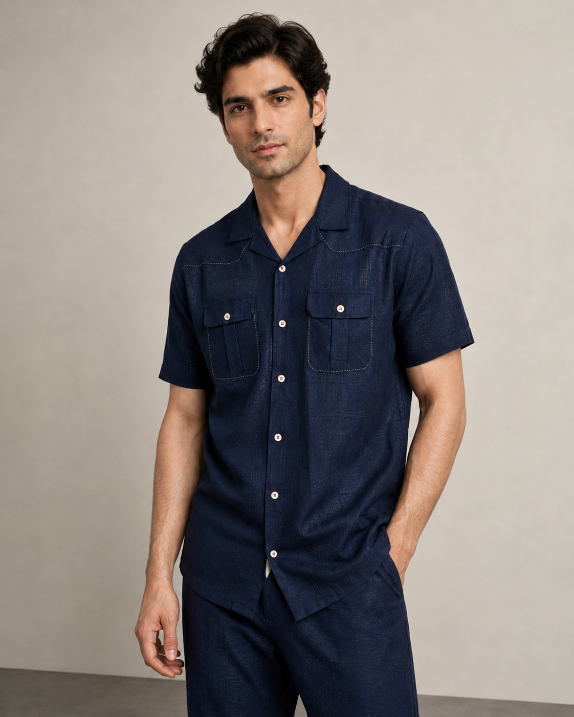 Men’s Navy Textured Cotton PJ Cord Set | Premium Utility Shirt & Pyjama Co-ord | Luxury Loungewear & Resort Set