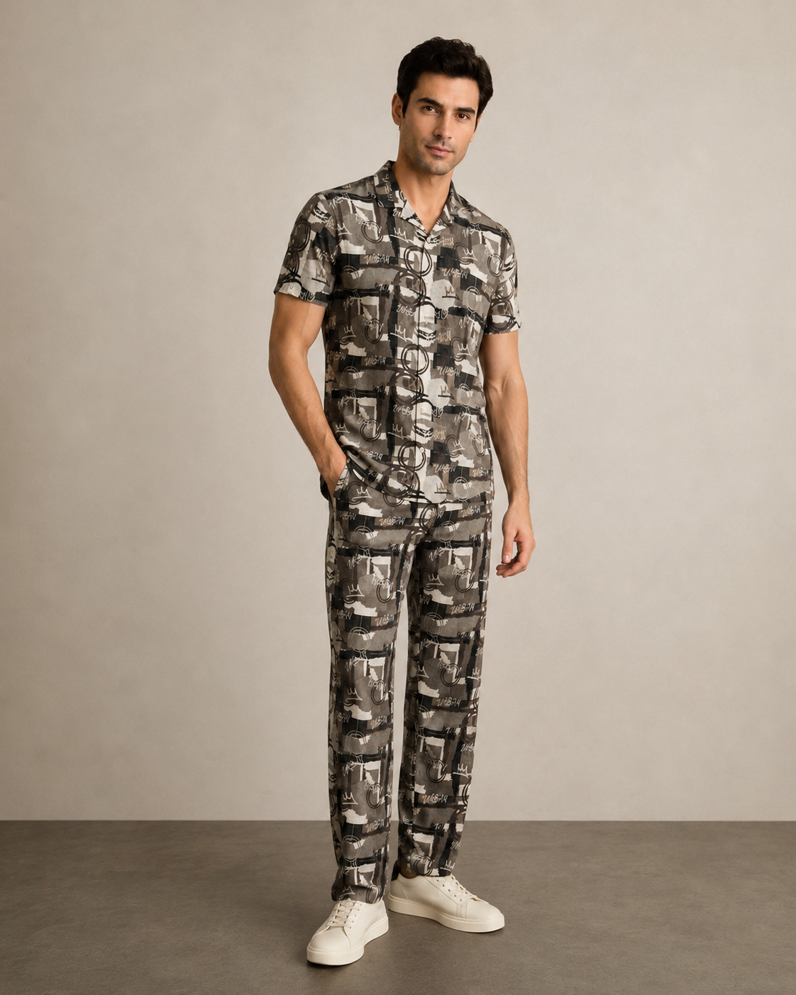 Men’s Olive Grey Abstract Cotton PJ Cord Set | Premium Printed Shirt & Pyjama Co-ord | Luxury Loungewear & Resort Set