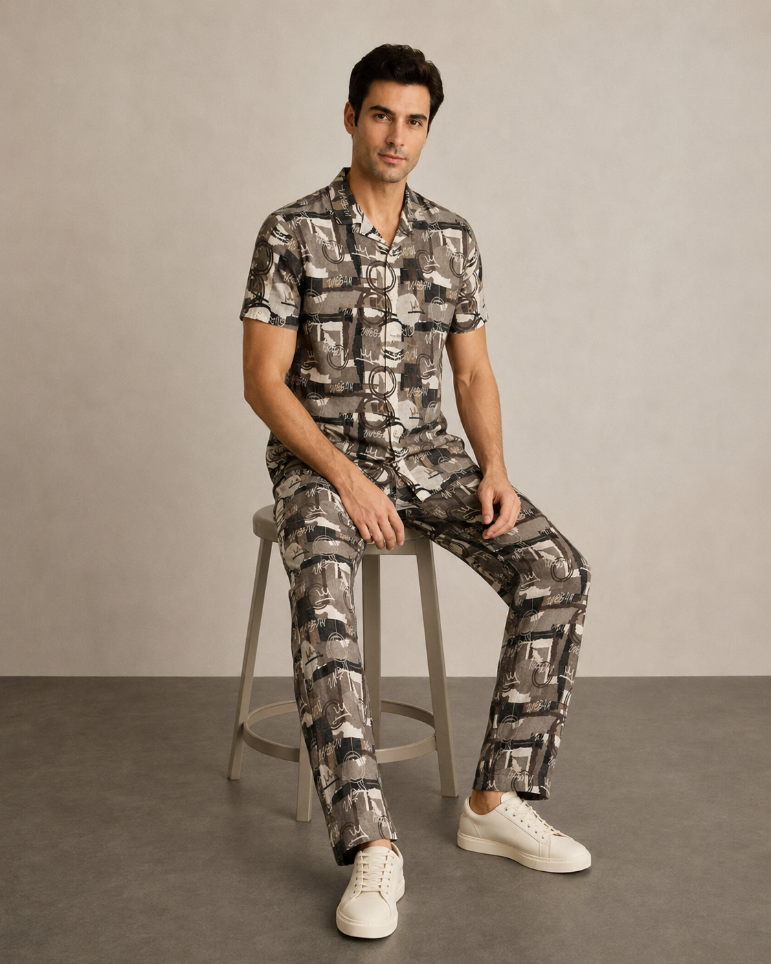 Men’s Olive Grey Abstract Cotton PJ Cord Set | Premium Printed Shirt & Pyjama Co-ord | Luxury Loungewear & Resort Set