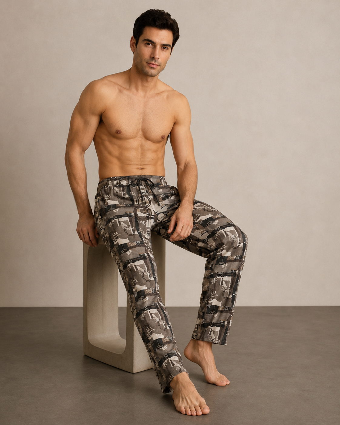 Men’s Olive Grey Abstract Cotton PJ Cord Set | Premium Printed Shirt & Pyjama Co-ord | Luxury Loungewear & Resort Set