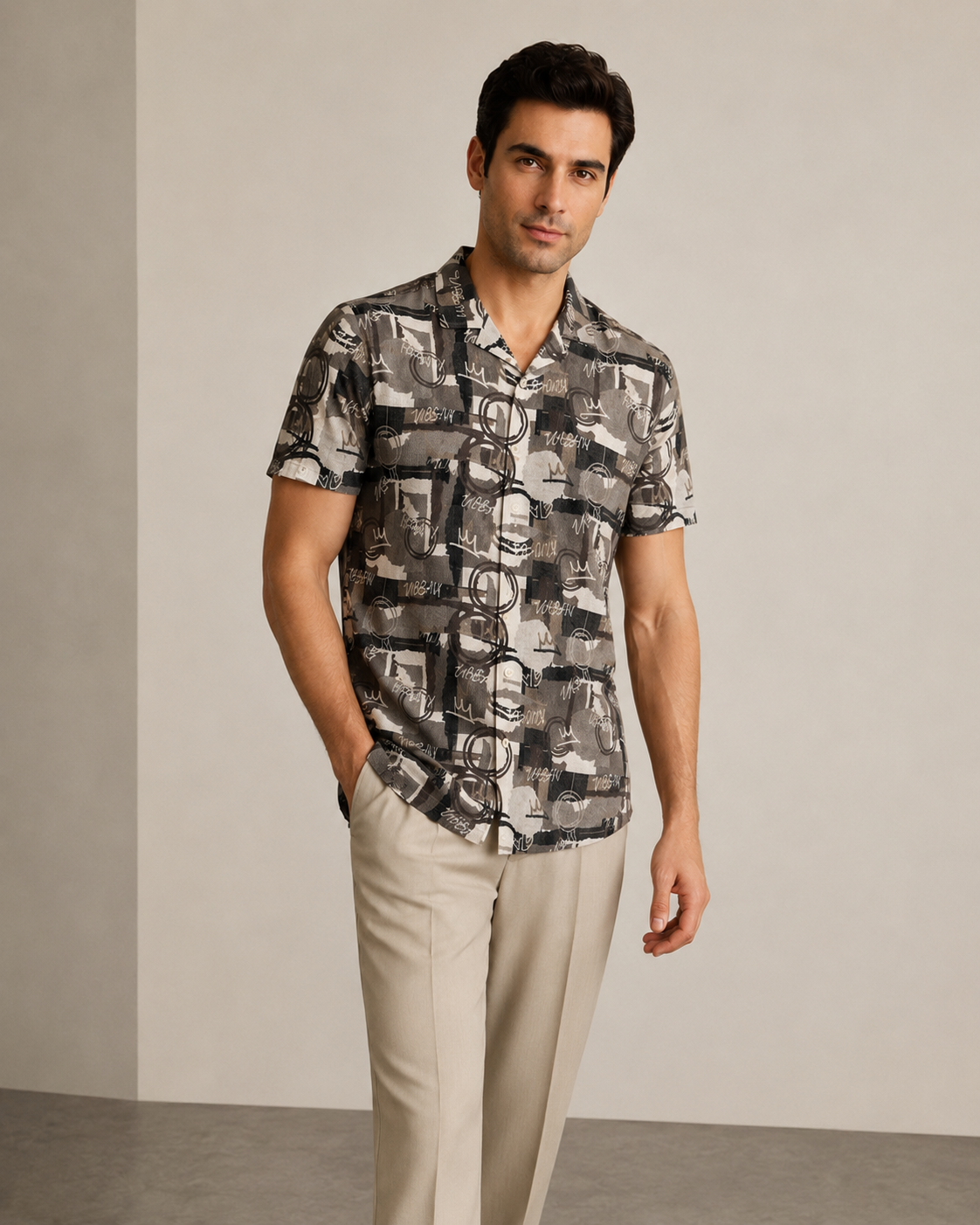 Men’s Olive Grey Abstract Cotton PJ Cord Set | Premium Printed Shirt & Pyjama Co-ord | Luxury Loungewear & Resort Set