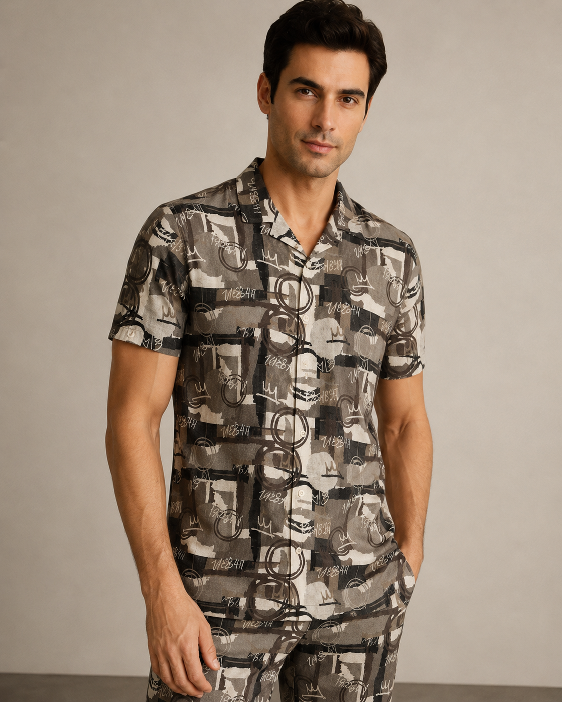 Men’s Olive Grey Abstract Cotton PJ Cord Set | Premium Printed Shirt & Pyjama Co-ord | Luxury Loungewear & Resort Set