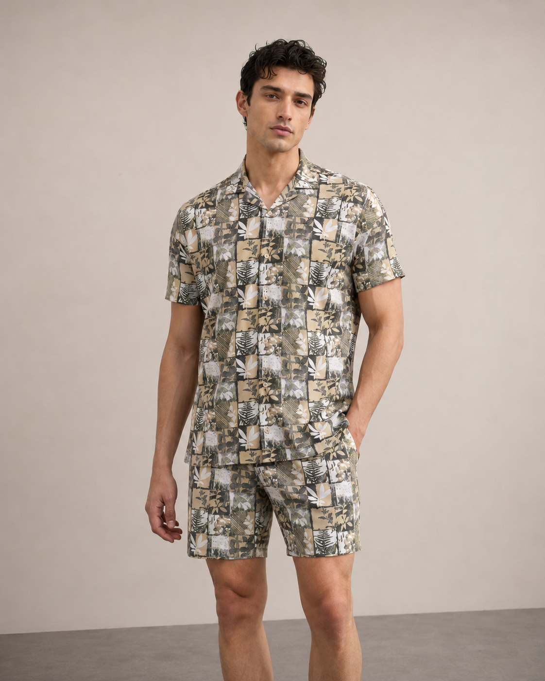 Men’s Olive Patchwork Printed Cord Set | Shirt & Shorts Co-ord