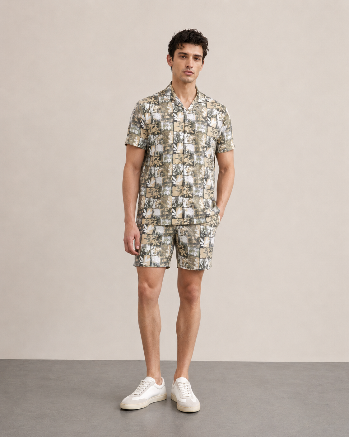 Men’s Olive Patchwork Printed Cord Set | Shirt & Shorts Co-ord