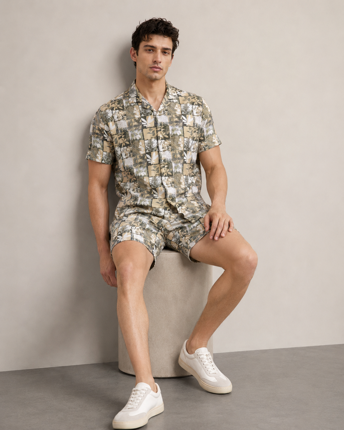 Men’s Olive Patchwork Printed Cord Set | Shirt & Shorts Co-ord