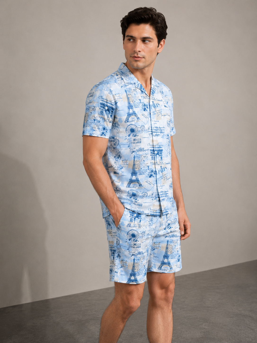 Men’s Paris Travel Printed Cord Set | Shirt & Shorts Co-ord