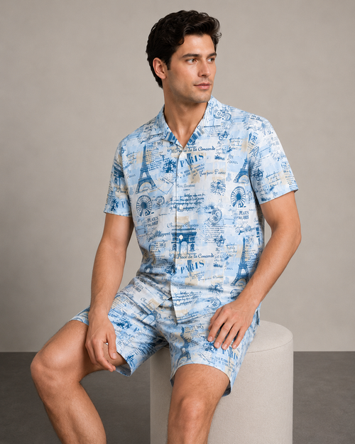 Men’s Paris Travel Printed Cord Set | Shirt & Shorts Co-ord