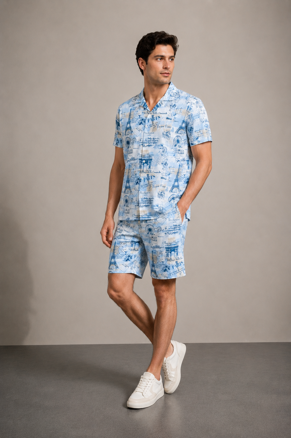Men’s Paris Travel Printed Cord Set | Shirt & Shorts Co-ord