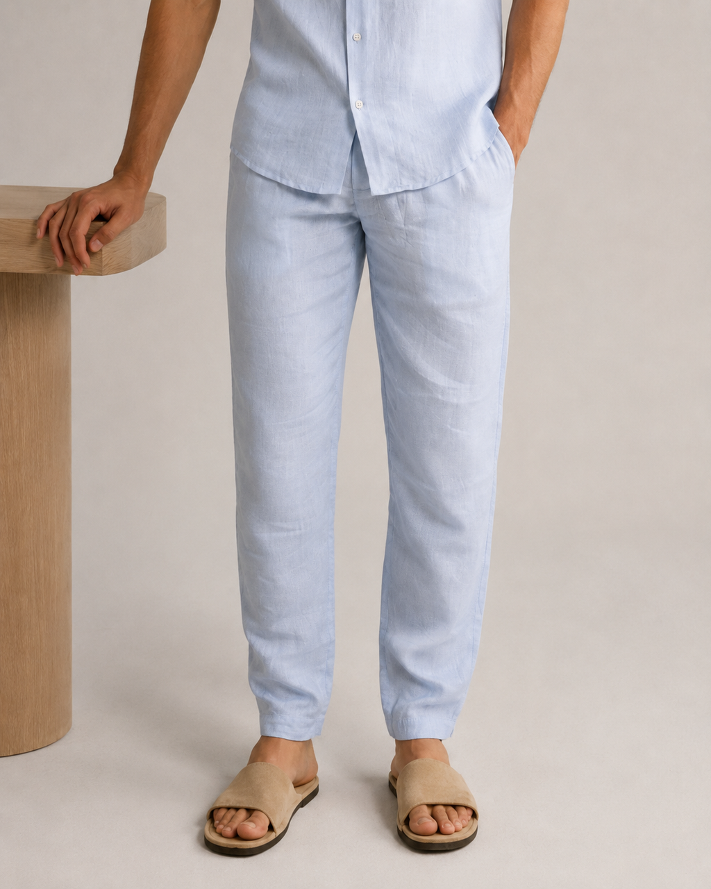Men’s Powder Blue Linen PJ Set | 60 Lea Pure Linen Shirt & Pyjama Co-ord | Premium Summer Loungewear