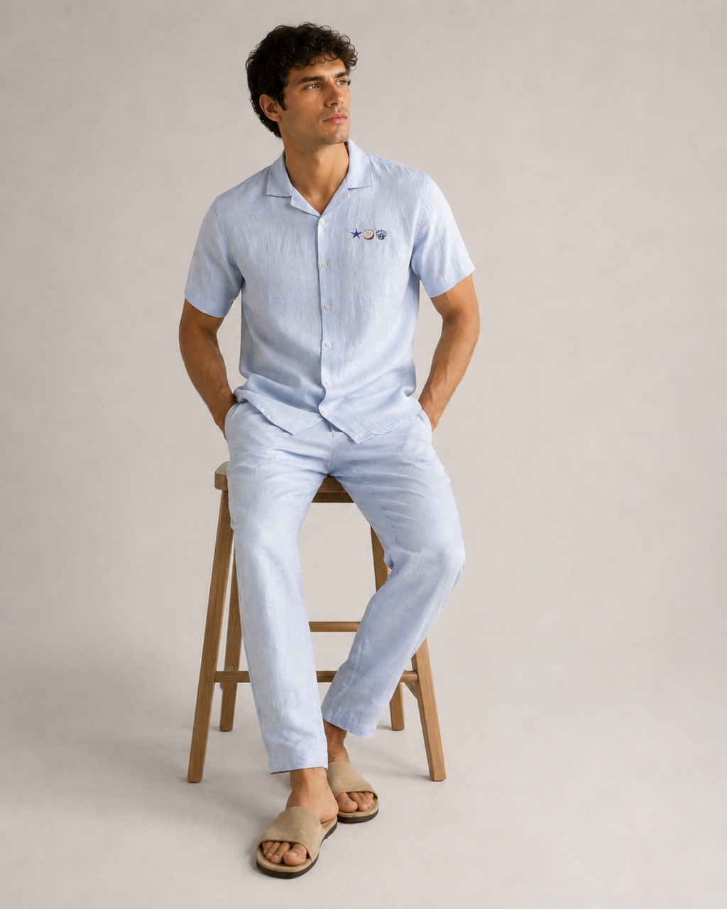 Men’s Powder Blue Linen PJ Set | 60 Lea Pure Linen Shirt & Pyjama Co-ord | Premium Summer Loungewear