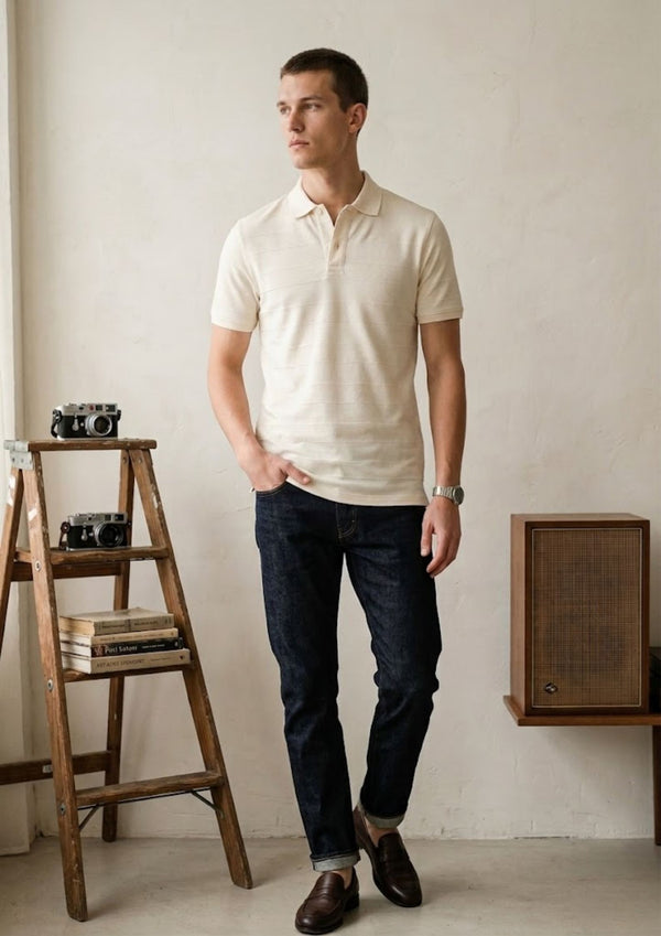 Men’s Premium Engineered Knit Polo T-Shirt | Structured Texture | Luxury Casual Wear | Off White