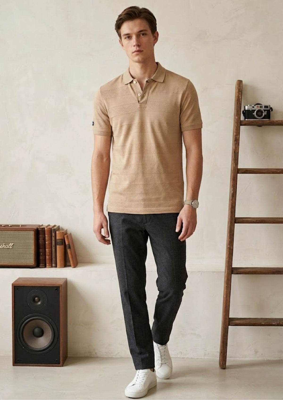 Men’s Premium Engineered Knit Polo T-Shirt | Textured Pattern Design | Smart Casual Wear | Sand Beige