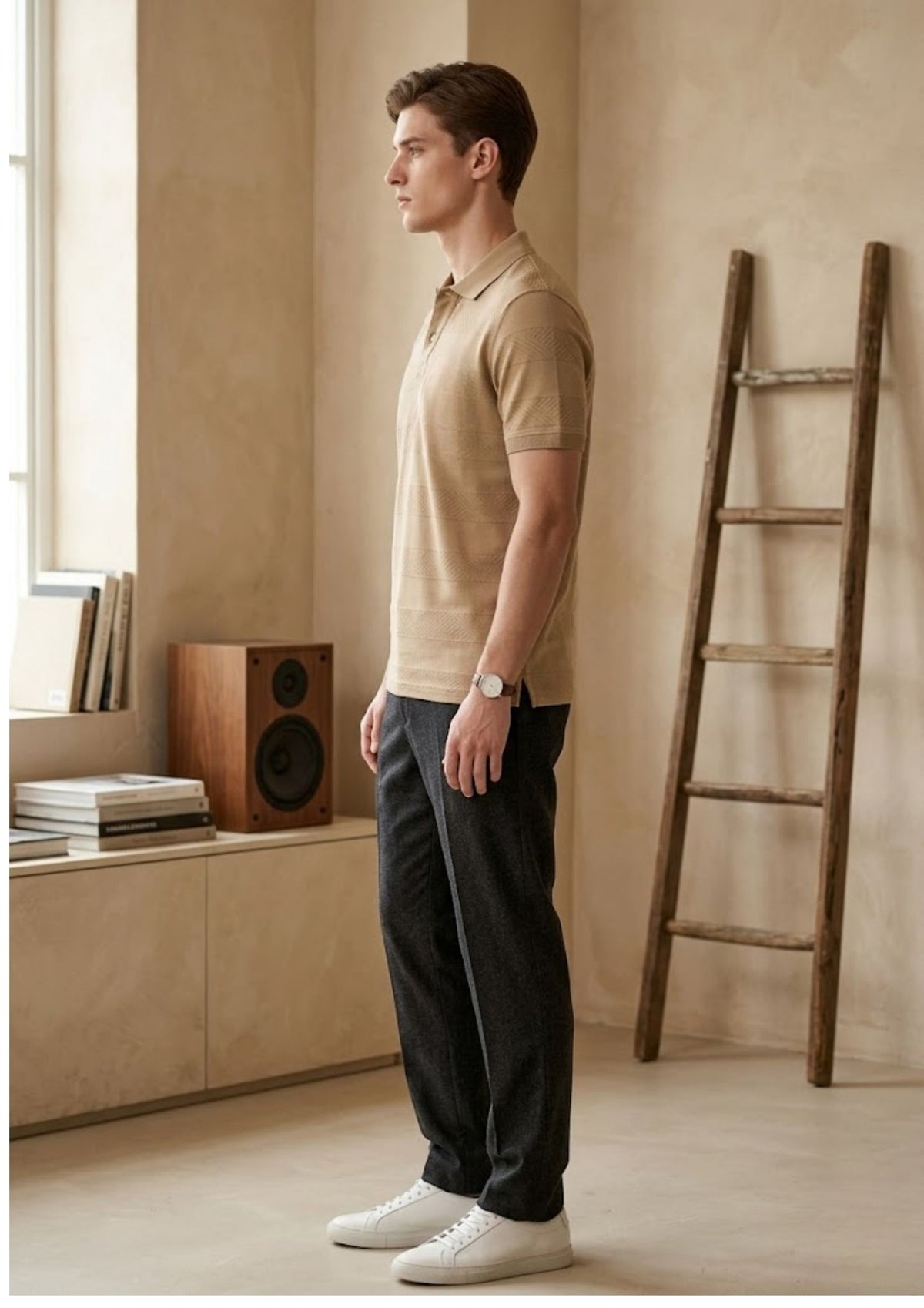 Men’s Premium Engineered Knit Polo T-Shirt | Textured Pattern Design | Smart Casual Wear | Sand Beige