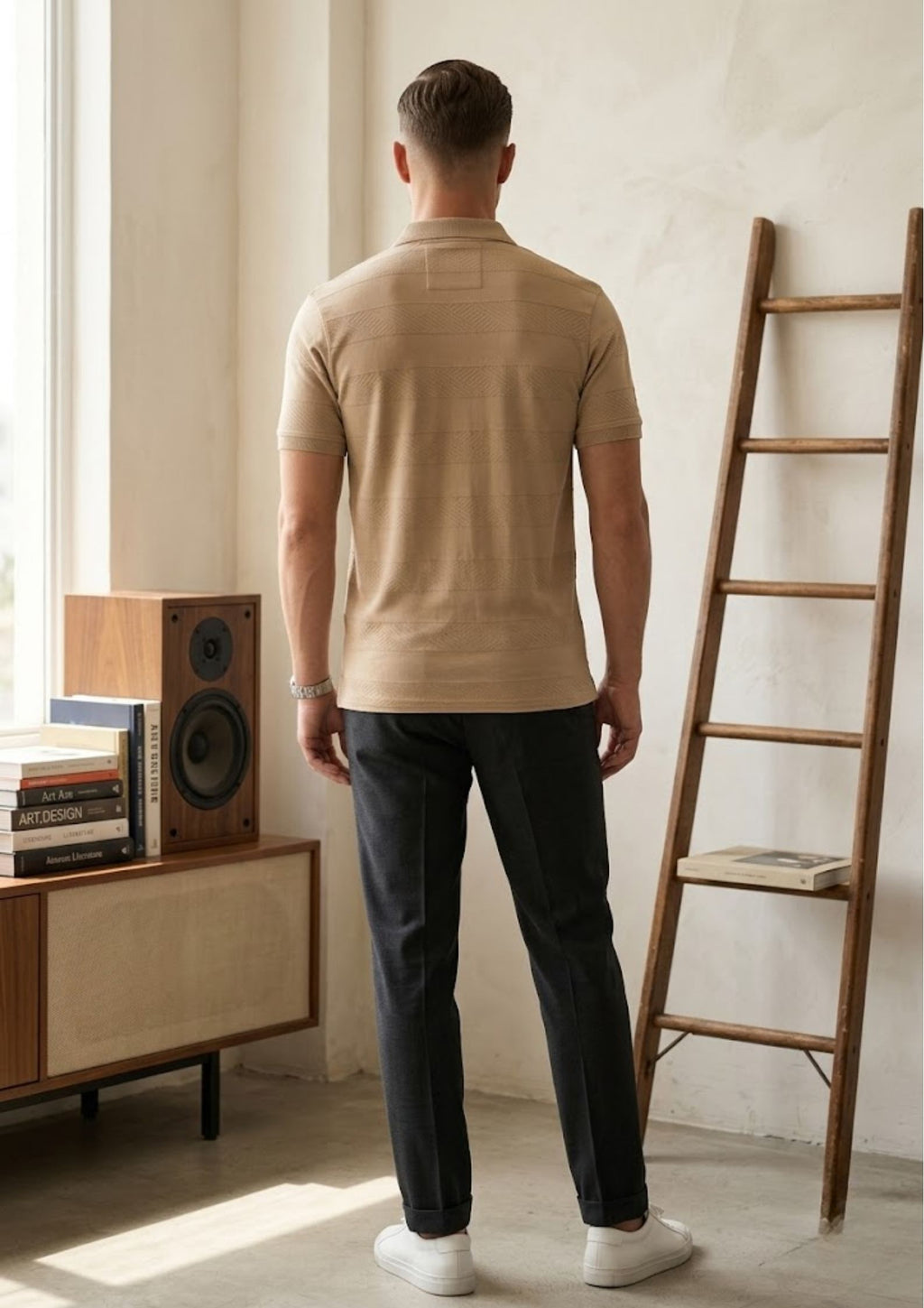 Men’s Premium Engineered Knit Polo T-Shirt | Textured Pattern Design | Smart Casual Wear | Sand Beige