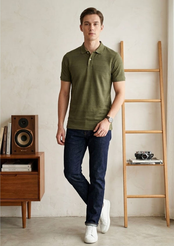 Men’s Premium Engineered Textured Knit Polo T-Shirt | Breathable Cotton Blend | Smart Casual Luxury Polo | Olive Green