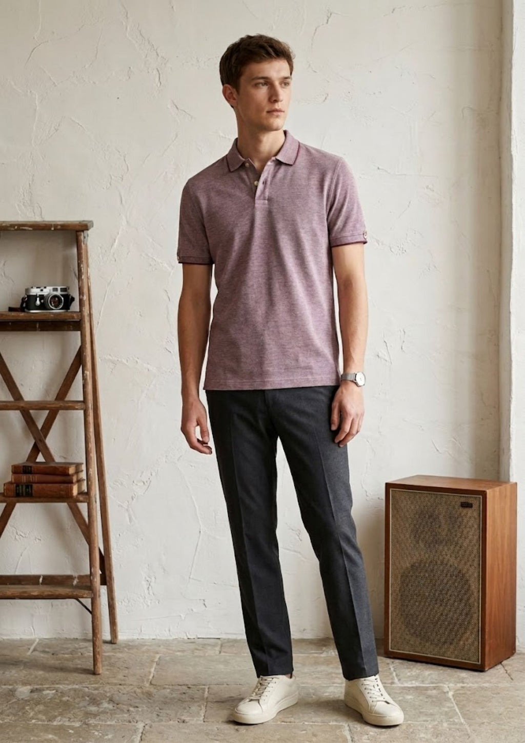 Men’s Premium Textured Knit Polo T-Shirt | Breathable Cotton Blend | Contemporary Smart Casual | Mauve