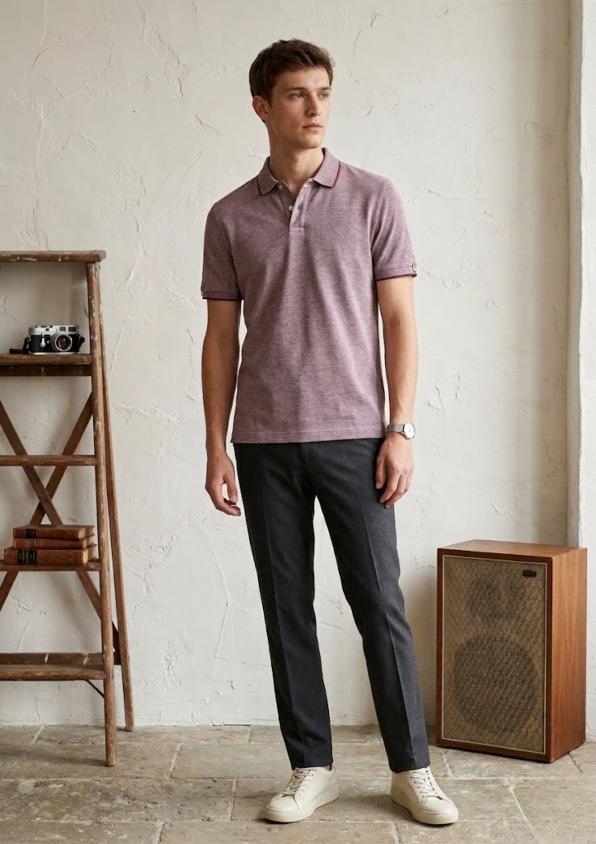 Men’s Premium Textured Knit Polo T-Shirt | Breathable Cotton Blend | Contemporary Smart Casual | Mauve