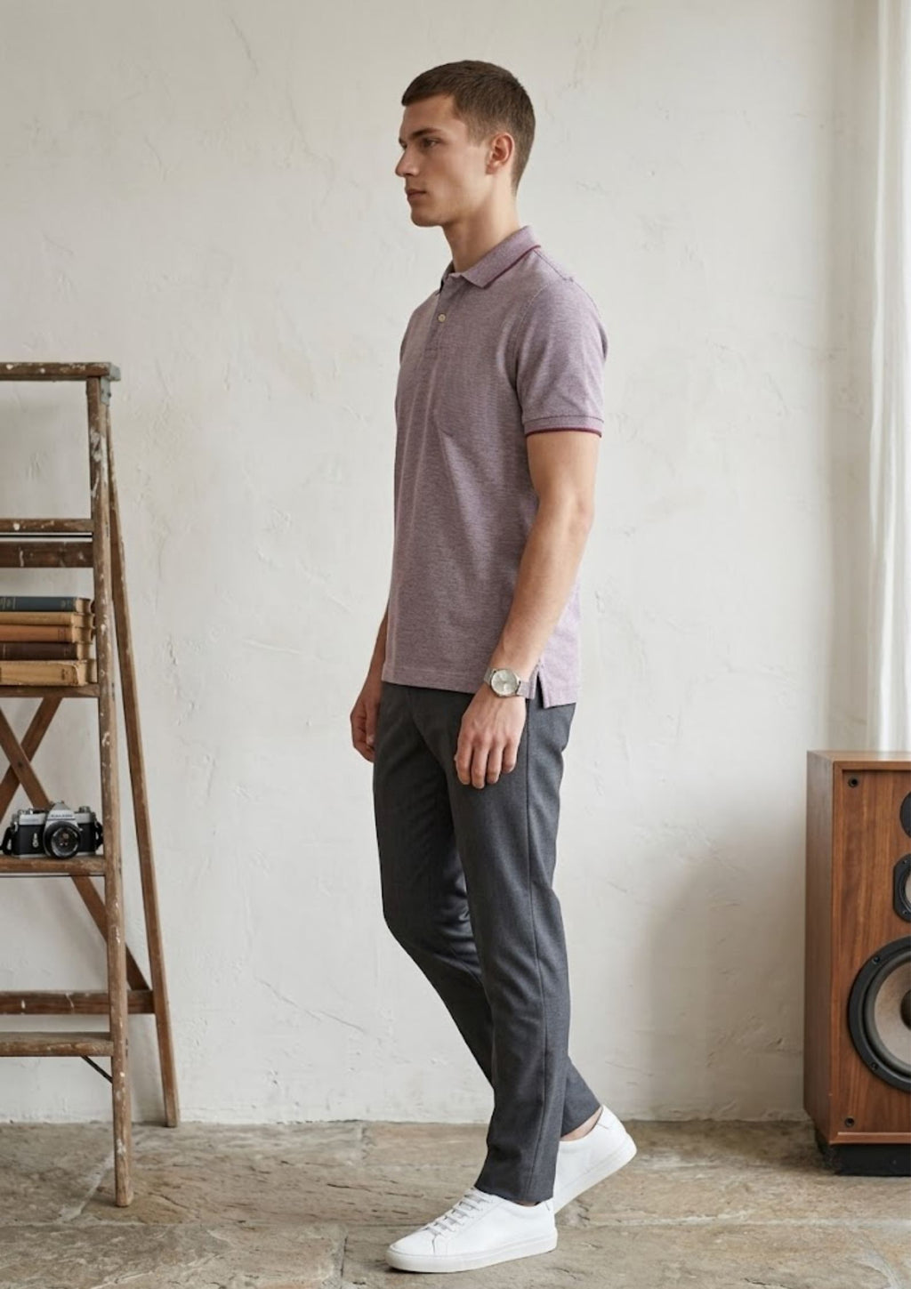 Men’s Premium Textured Knit Polo T-Shirt | Breathable Cotton Blend | Contemporary Smart Casual | Mauve