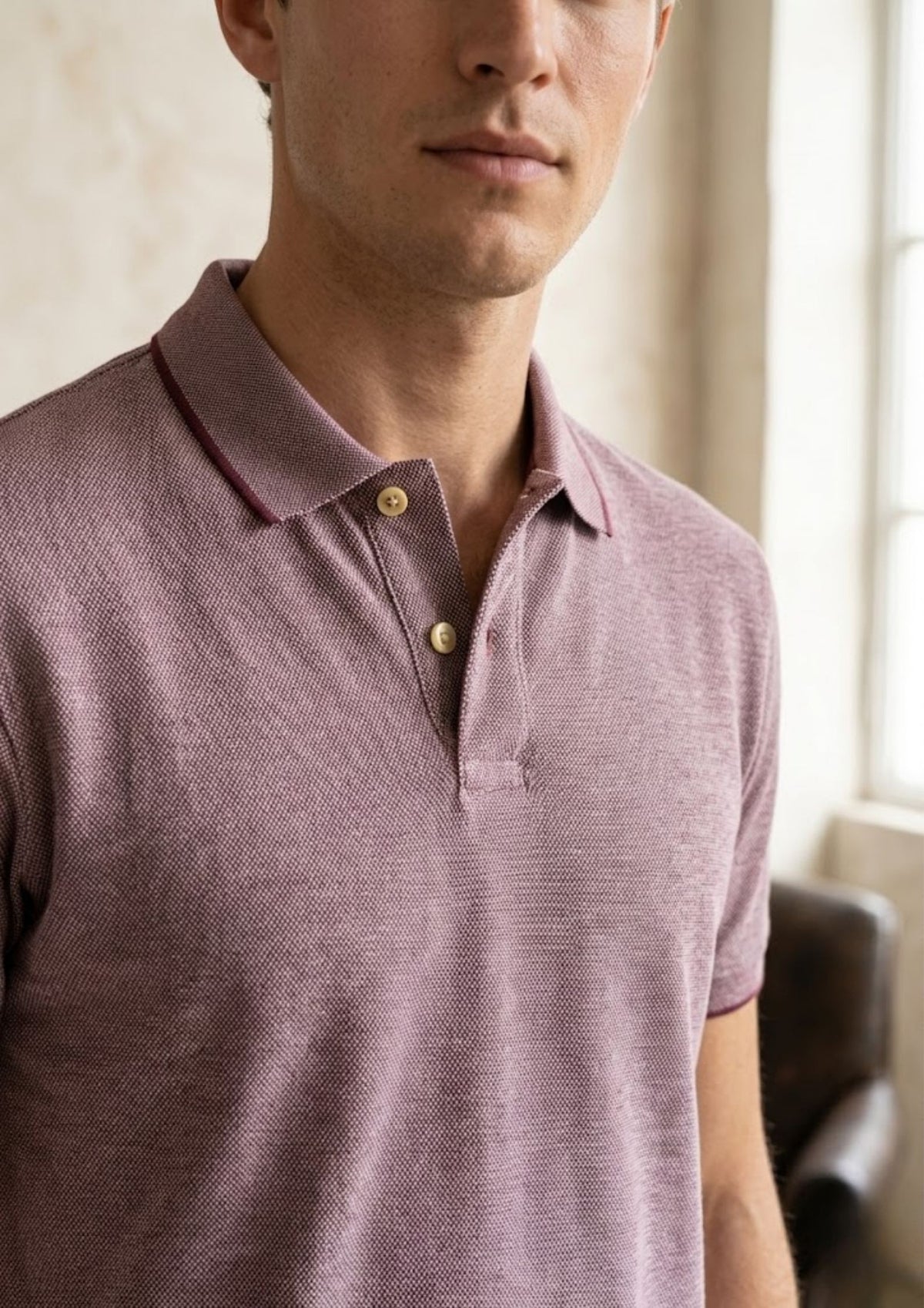 Men’s Premium Textured Knit Polo T-Shirt | Breathable Cotton Blend | Contemporary Smart Casual | Mauve