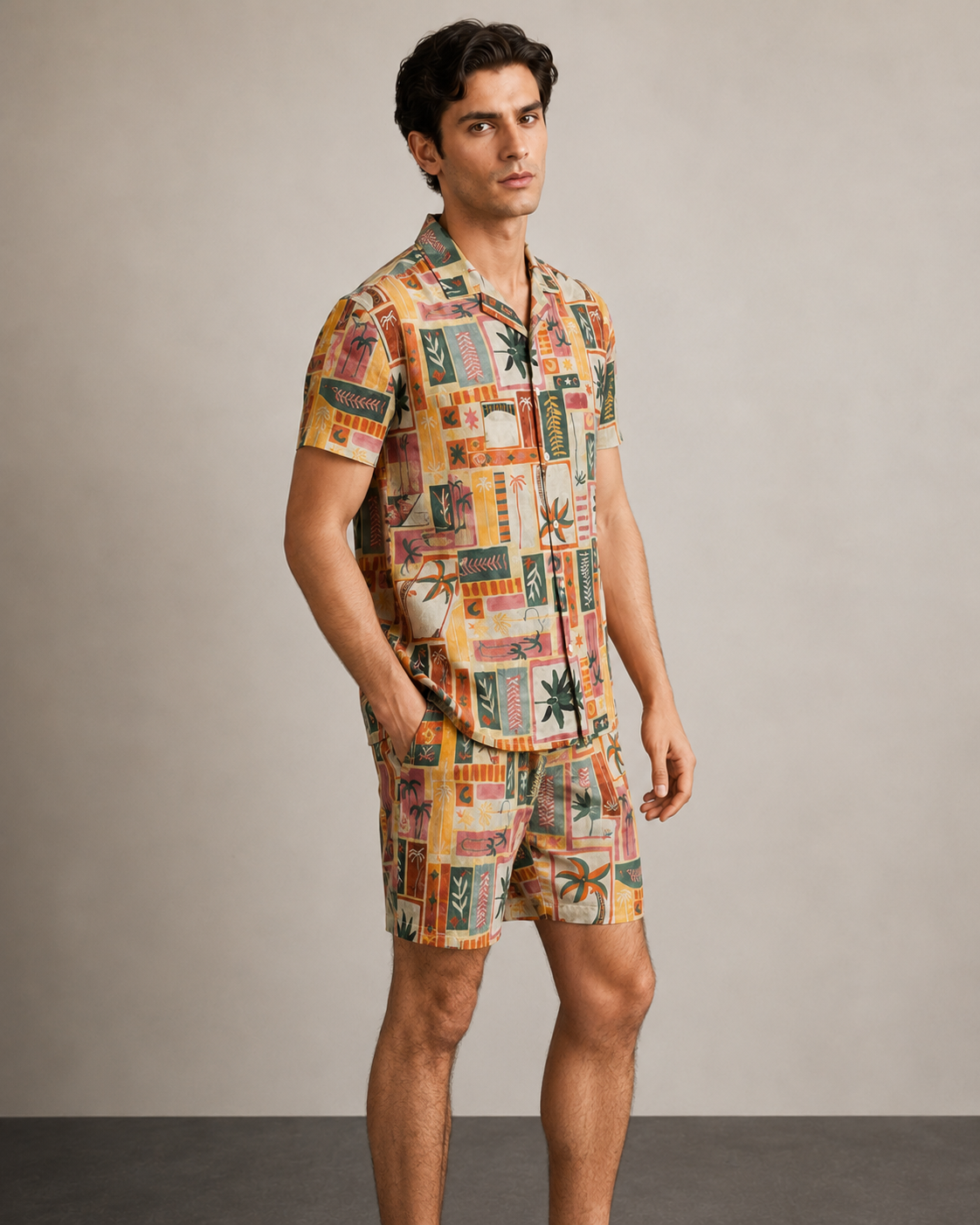 Men’s Retro Tropical Patchwork Cord Set | Shirt & Shorts Co-ord