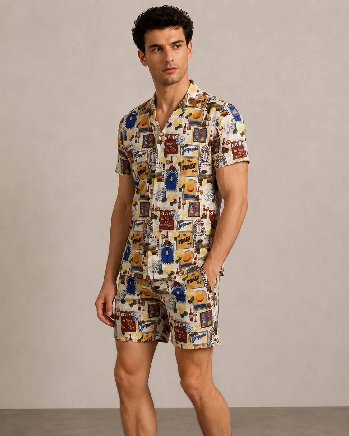 Men’s Riviera Postcard Printed Cord Set | Shirt & Shorts Co-ord