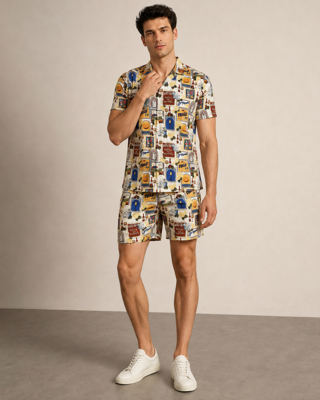 Men’s Riviera Postcard Printed Cord Set | Shirt & Shorts Co-ord