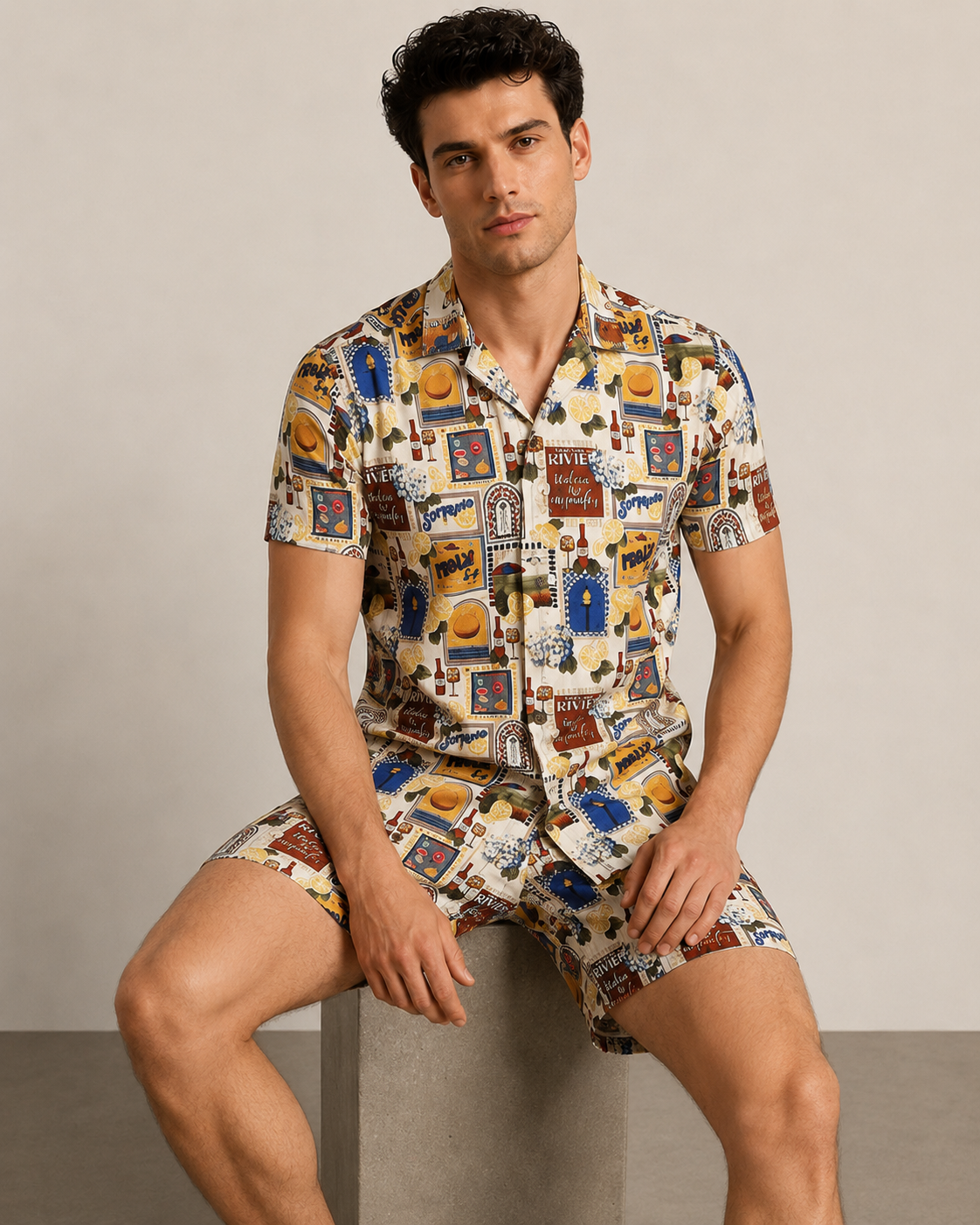 Men’s Riviera Postcard Printed Cord Set | Shirt & Shorts Co-ord