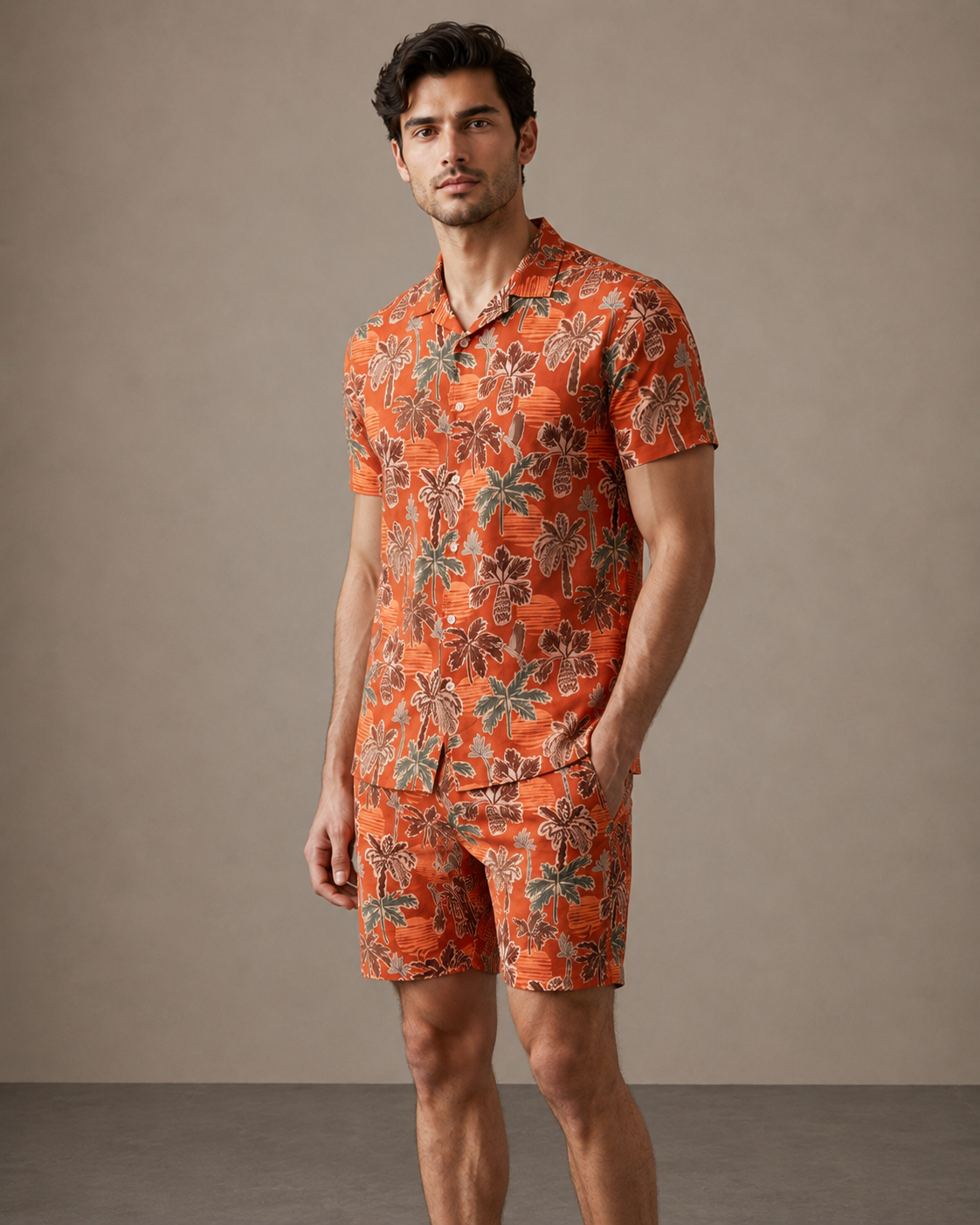 Men’s Rust Tropical Palm Printed Cord Set | Shirt & Shorts Co-ord