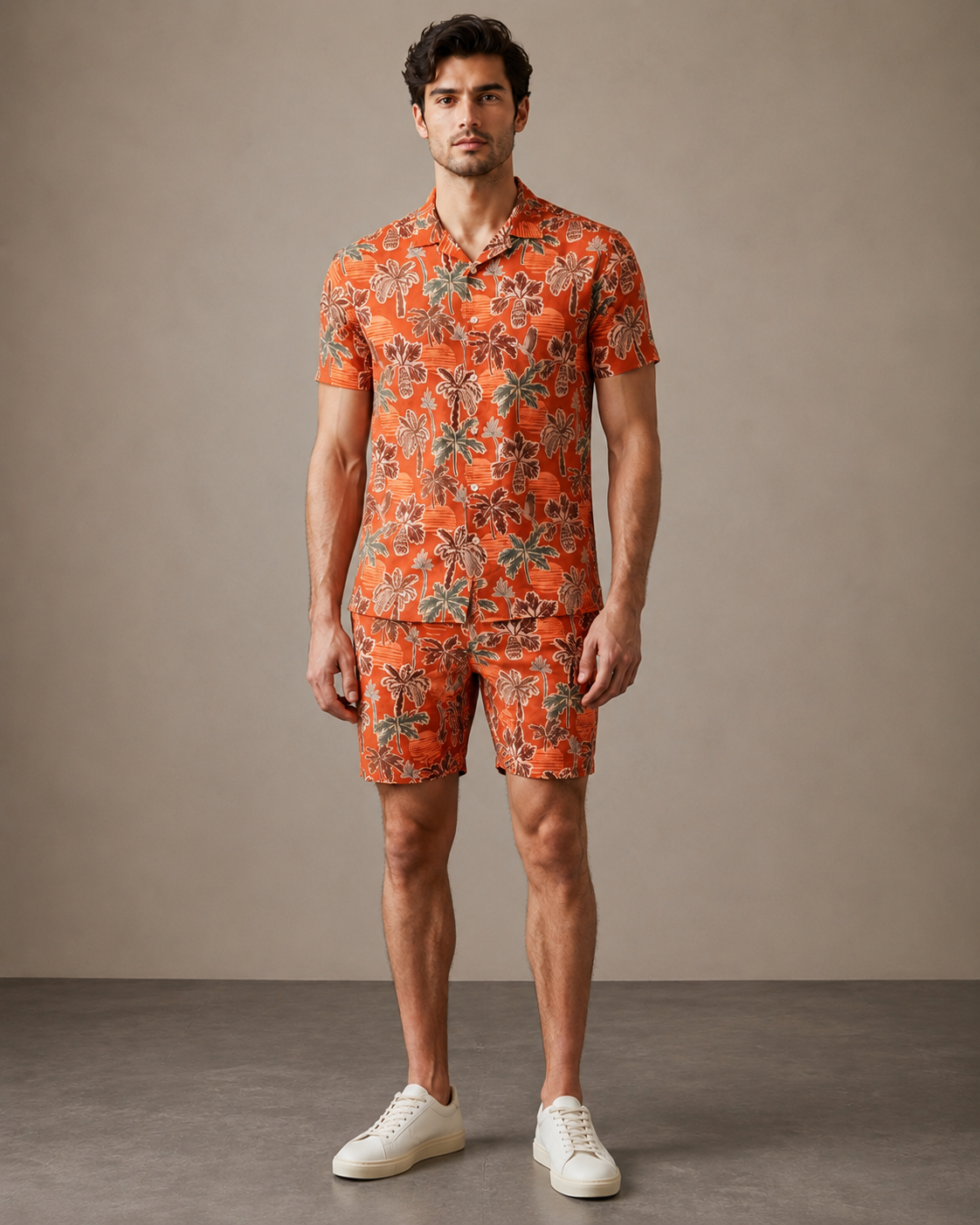 Men’s Rust Tropical Palm Printed Cord Set | Shirt & Shorts Co-ord