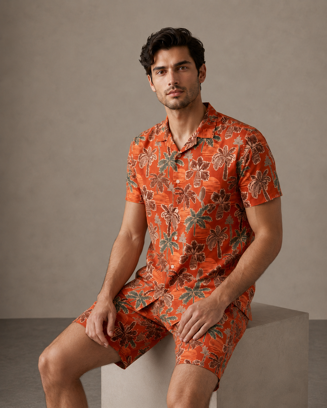 Men’s Rust Tropical Palm Printed Cord Set | Shirt & Shorts Co-ord