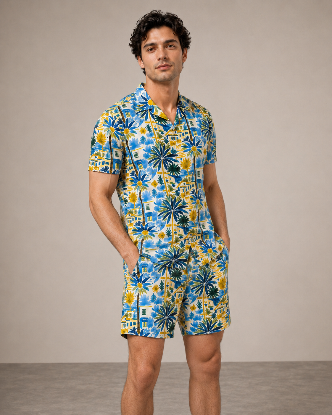 Men’s Santorini Floral Printed Cord Set | Shirt & Shorts Co-ord