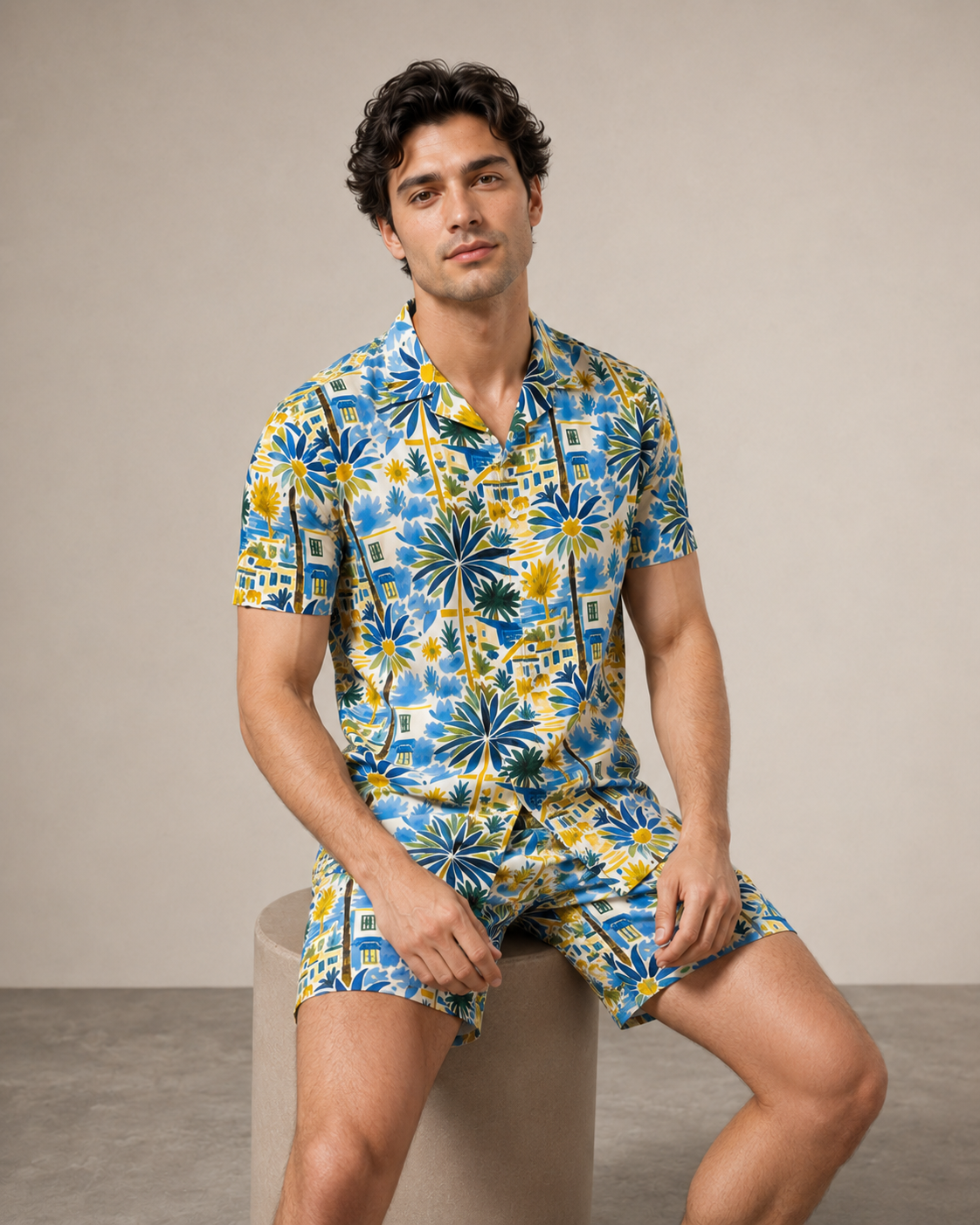 Men’s Santorini Floral Printed Cord Set | Shirt & Shorts Co-ord
