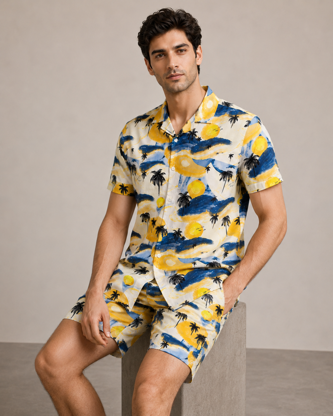 Men’s Sunset Palm Printed Cord Set | Shirt & Shorts Co-ord
