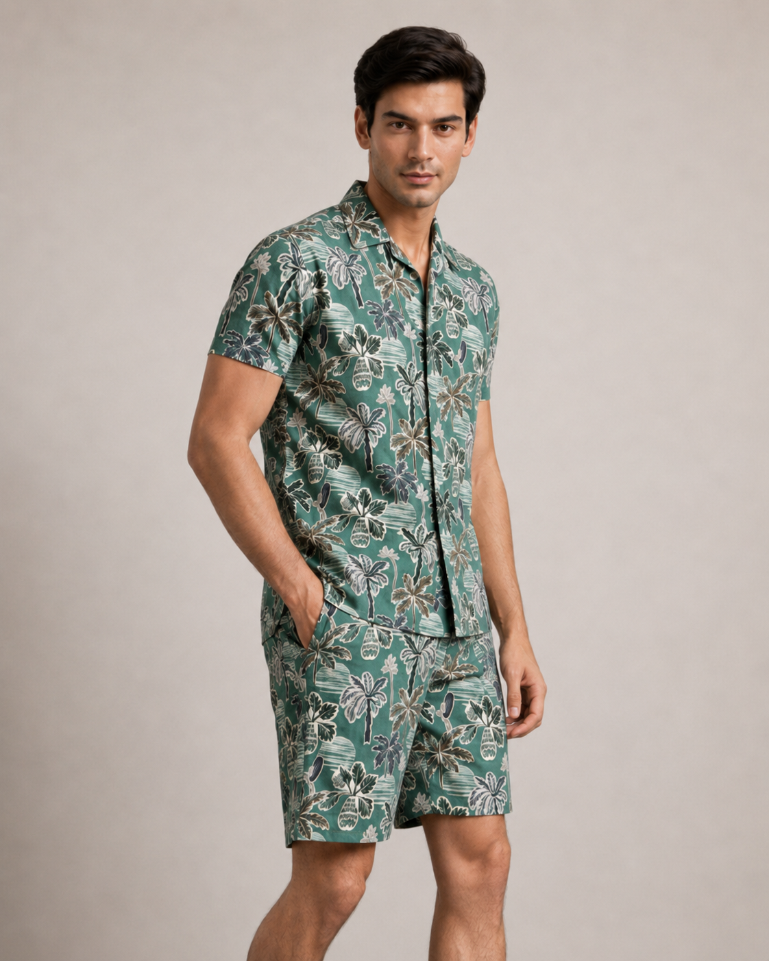Men’s Teal Tropical Palm Printed Cord Set | Shirt & Shorts Co-ord