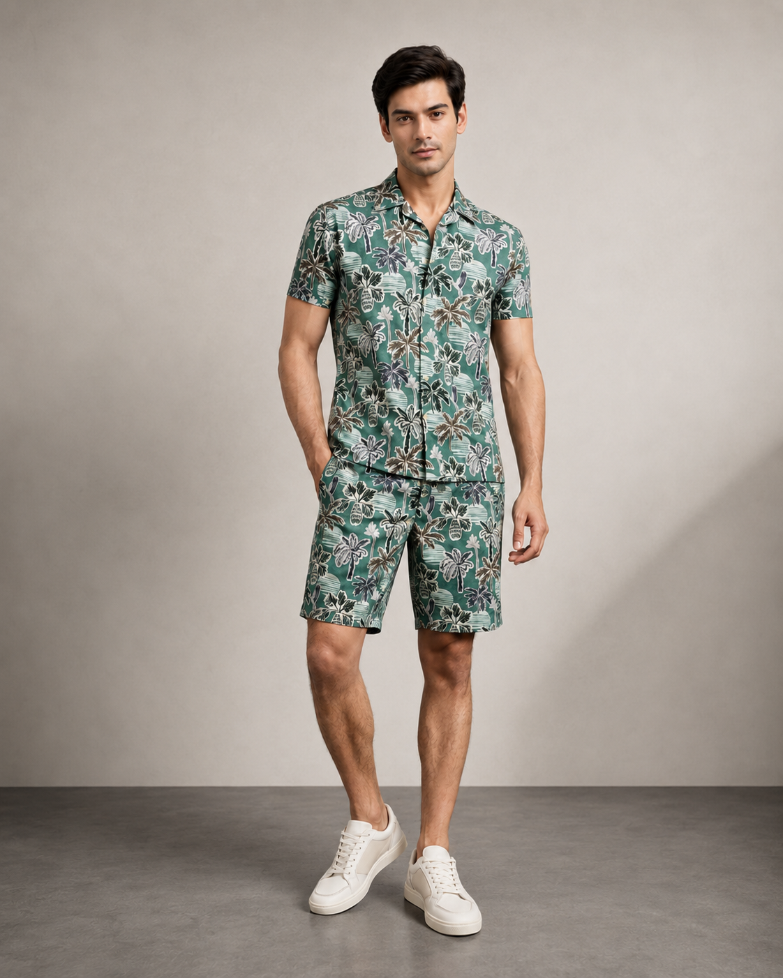 Men’s Teal Tropical Palm Printed Cord Set | Shirt & Shorts Co-ord