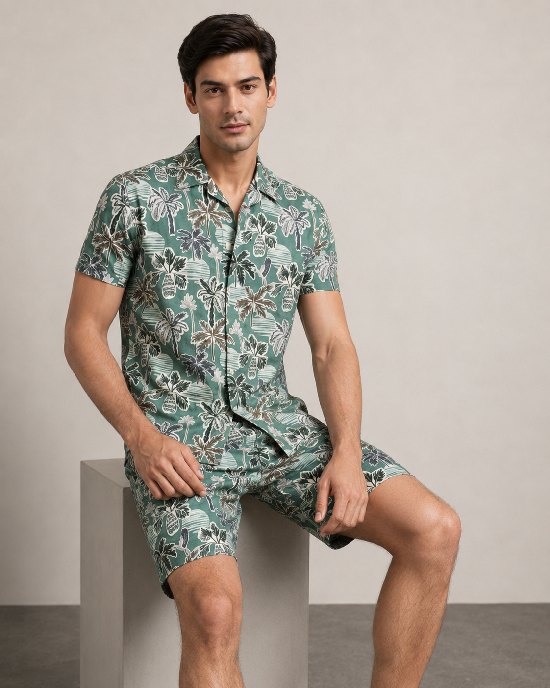 Men’s Teal Tropical Palm Printed Cord Set | Shirt & Shorts Co-ord