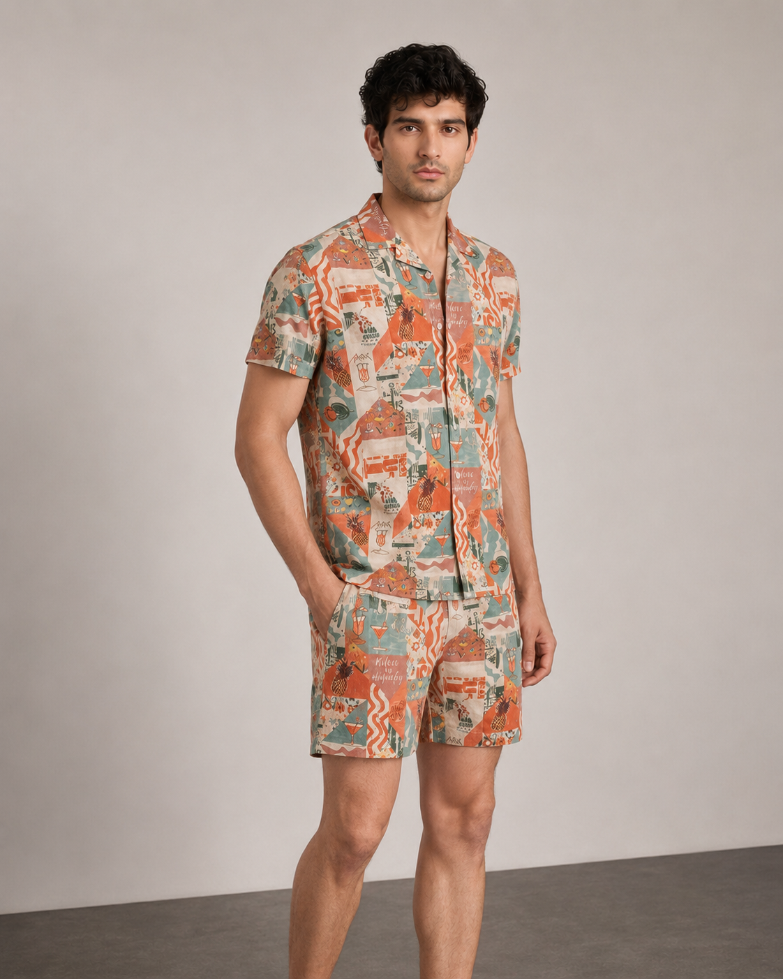 Men’s Terracotta Vacation Printed Cord Set | Shirt & Shorts Co-ord
