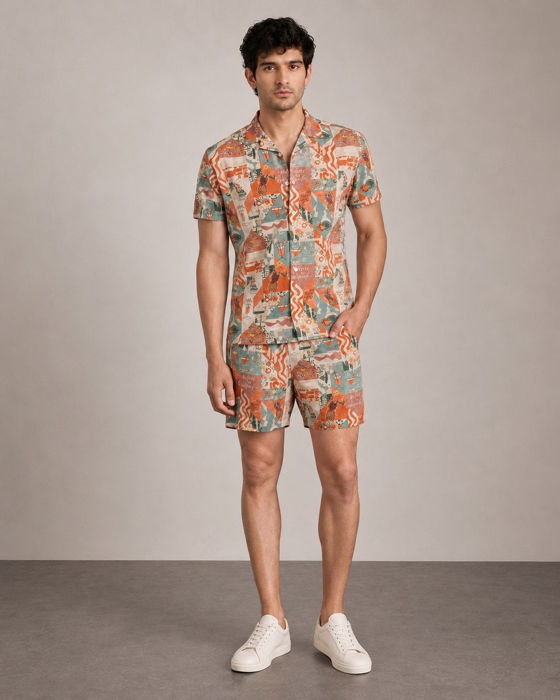 Men’s Terracotta Vacation Printed Cord Set | Shirt & Shorts Co-ord