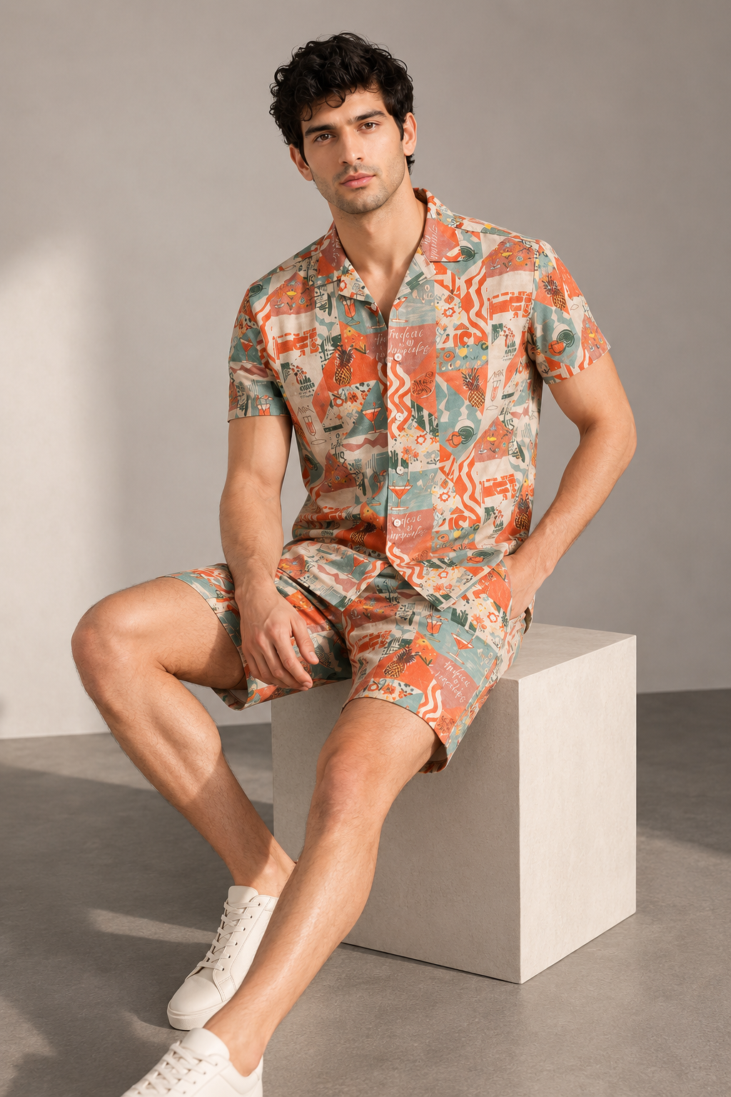 Men’s Terracotta Vacation Printed Cord Set | Shirt & Shorts Co-ord