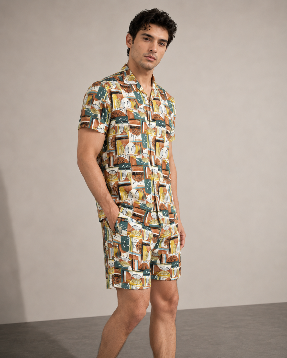 Men’s Tropical Geo Printed Cord Set | Shirt & Shorts Co-ord