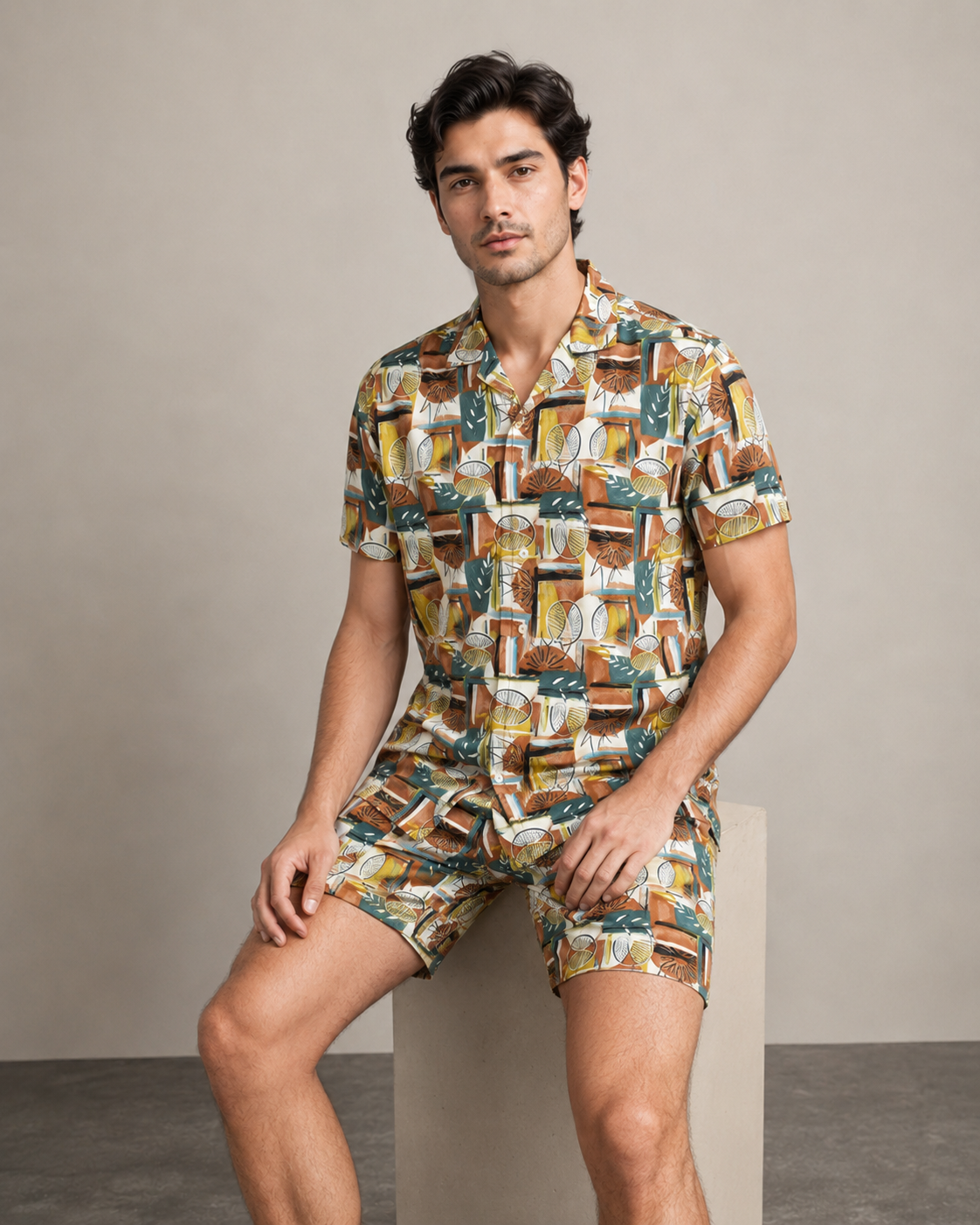 Men’s Tropical Geo Printed Cord Set | Shirt & Shorts Co-ord