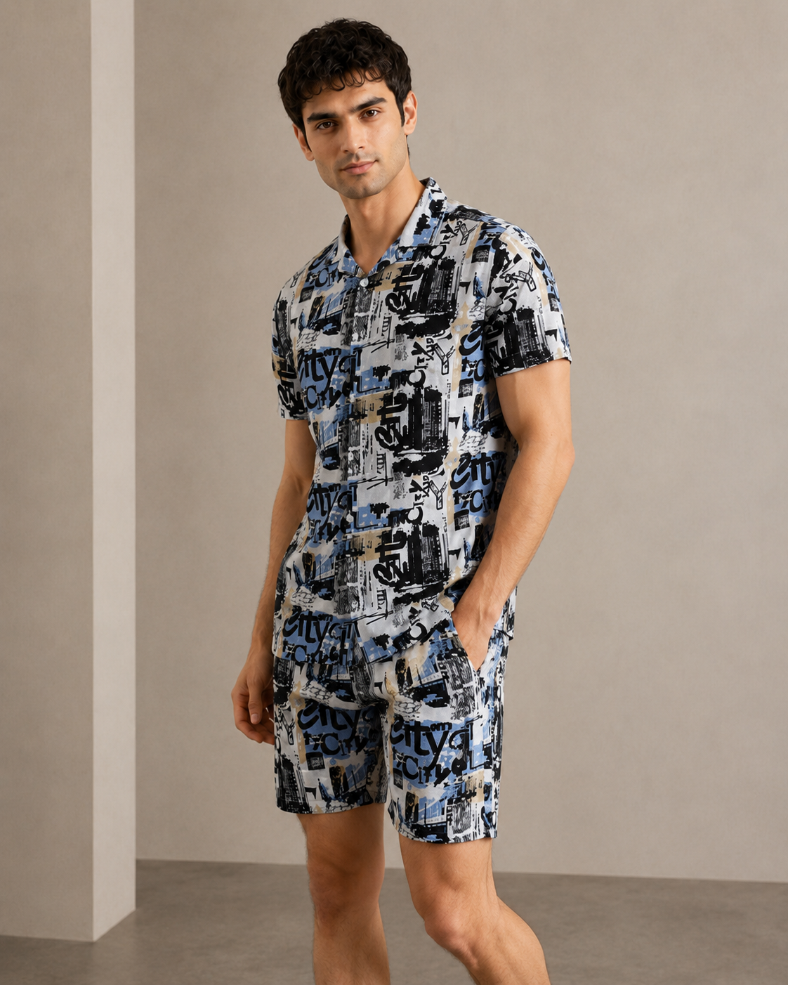 Men’s Urban City Graphic Printed Cord Set | Shirt & Shorts Co-ord