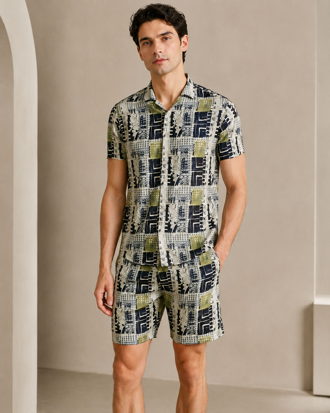 Men’s Urban Patchwork Printed Cord Set | Shirt & Shorts Co-ord