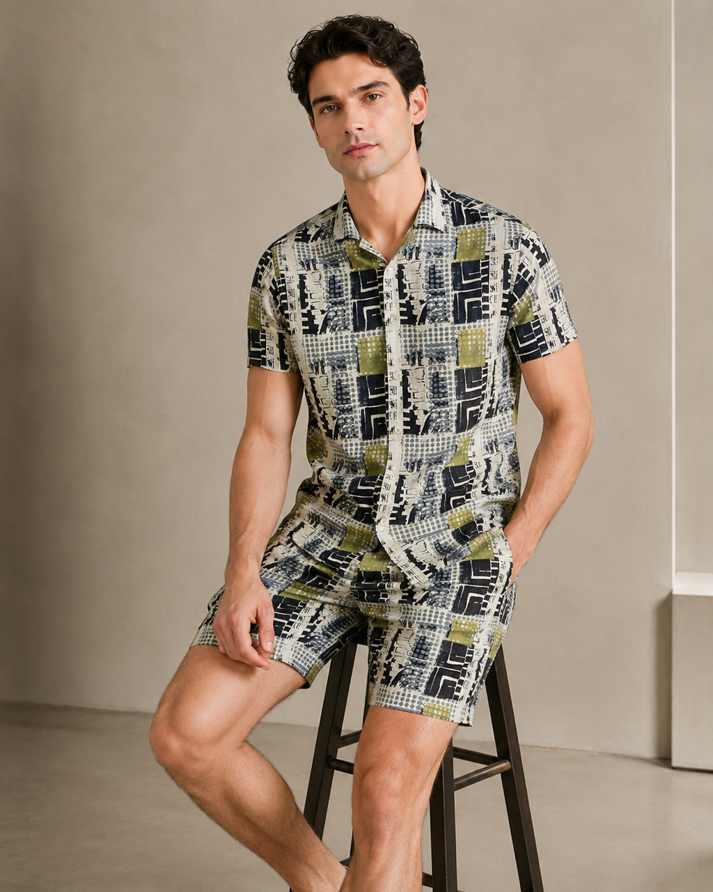 Men’s Urban Patchwork Printed Cord Set | Shirt & Shorts Co-ord