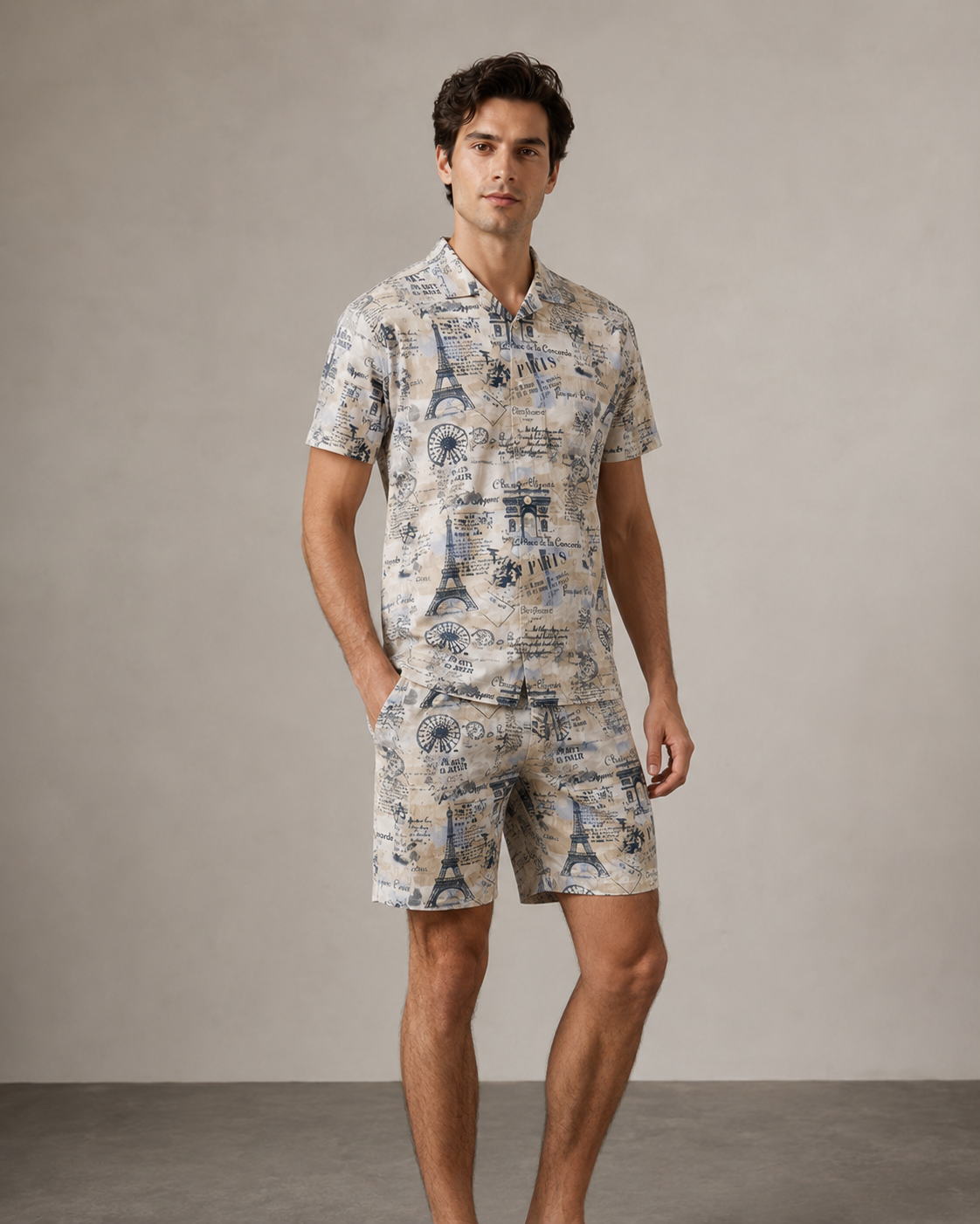 Men’s Vintage Paris Printed Cord Set | Shirt & Shorts Co-ord