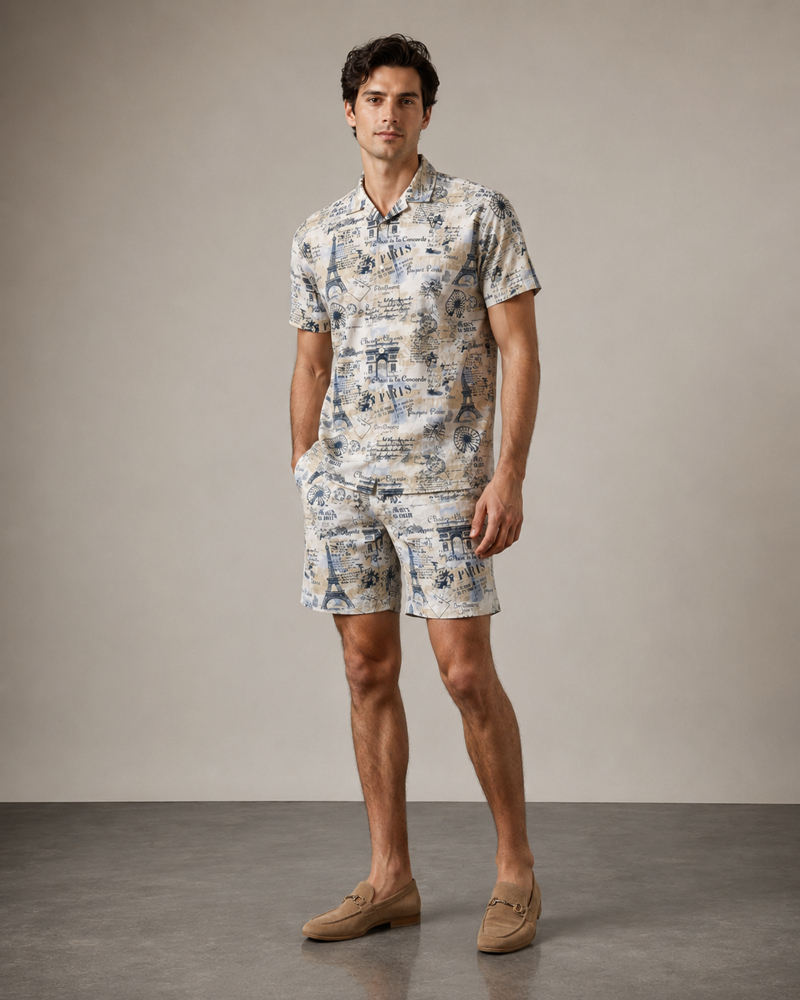 Men’s Vintage Paris Printed Cord Set | Shirt & Shorts Co-ord