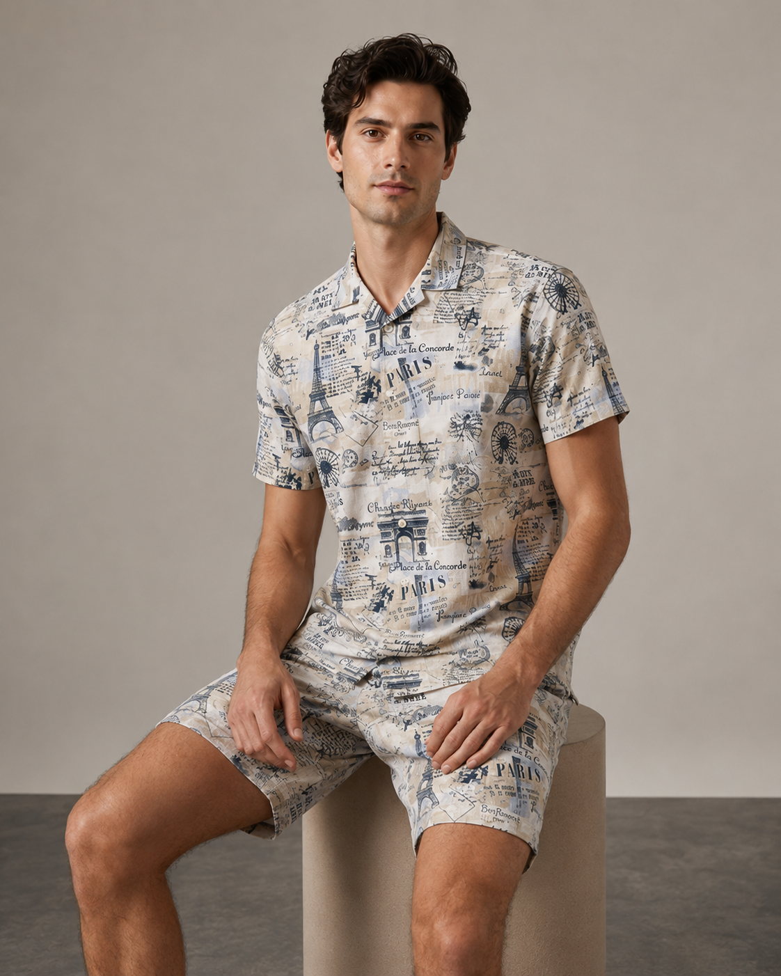 Men’s Vintage Paris Printed Cord Set | Shirt & Shorts Co-ord