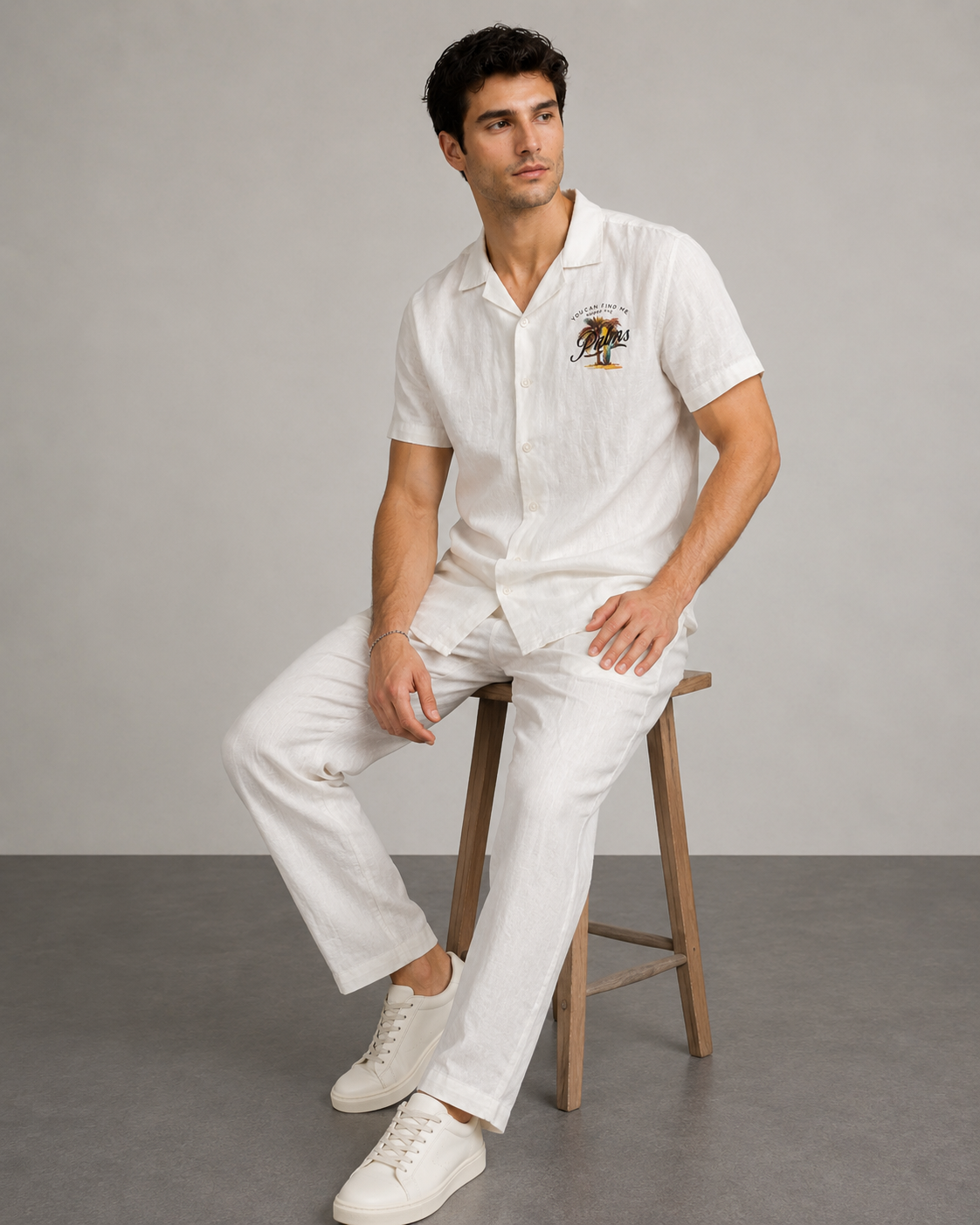 Men’s White Pure Linen PJ Cord Set | 60 Lea Premium Linen Shirt & Pyjama Co-ord | Luxury Loungewear & Resort Set