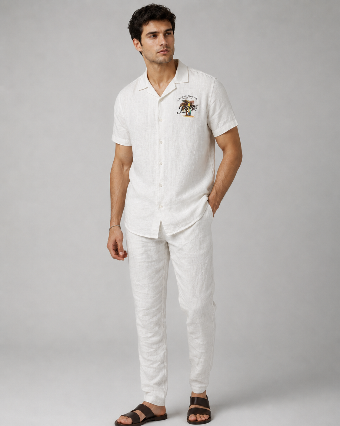 Men’s White Pure Linen PJ Cord Set | 60 Lea Premium Linen Shirt & Pyjama Co-ord | Luxury Loungewear & Resort Set